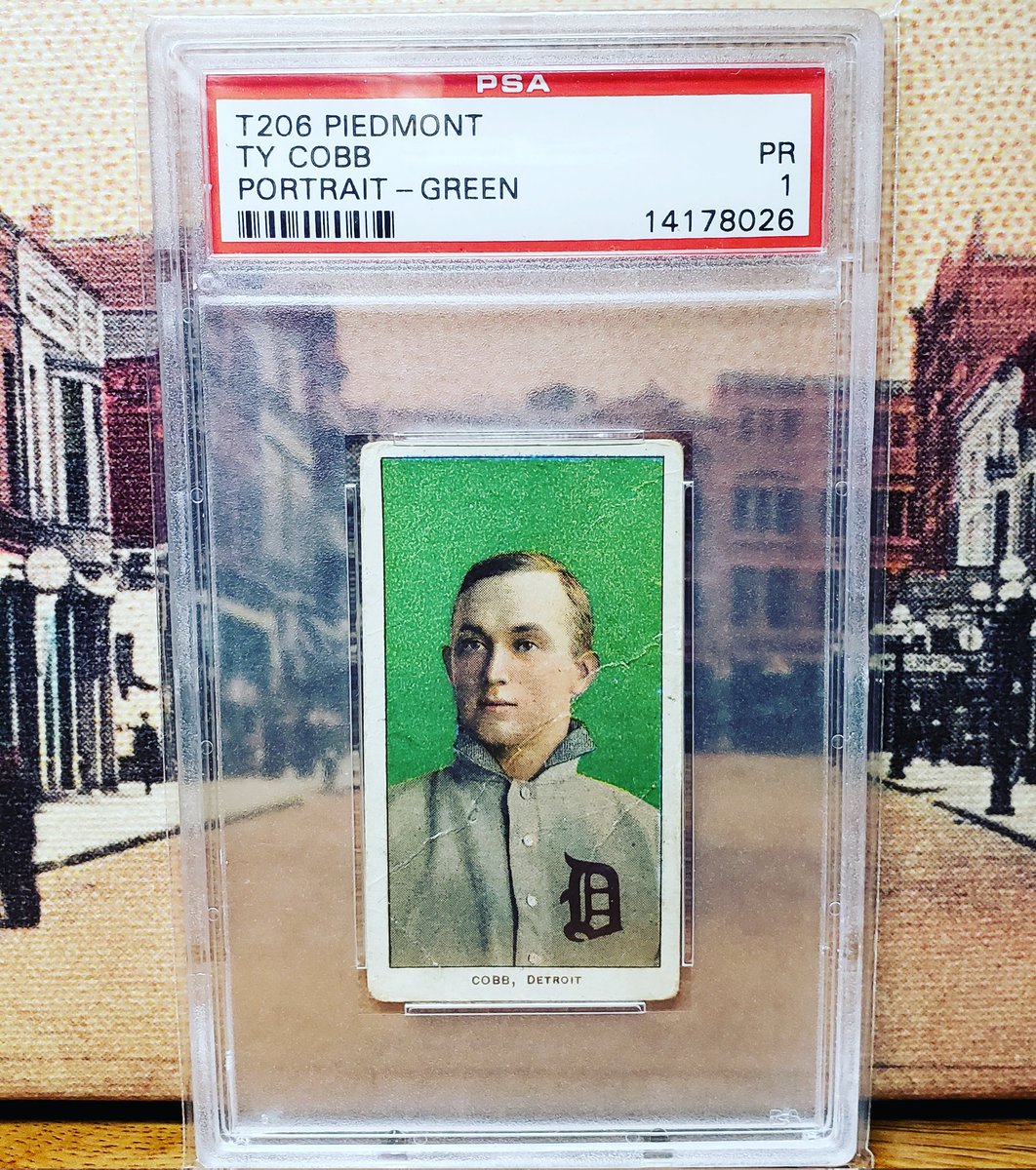 SconnEtradition's tweet photo. #12 on the Top 100 of 2023 - T206 Ty Cobb Green Portrait PSA 1 Piedmont back. Down 4 spots from last year. An awesome card of Ty Cobb - one of only two players with over 4,000 hits. #tycobb #piedmont #greenportrait #psacard #tobaccocards #prewarbaseball #thehobby #halloffame https://t.co/1LLe1UBoOw