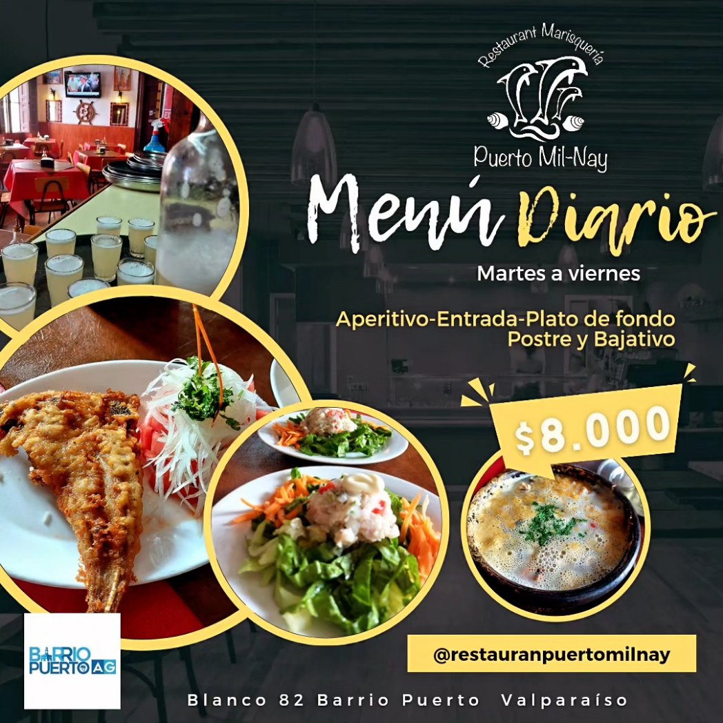 ¡Deleítate con los almuerzos diarios en Marisquería #PuertoMilNay! ¡Ven y disfruta la original comida del puerto!
🍽️ Aperitivo
🍤 Entrada
🍲 Plato de fondo
🍰 Postre y bajativo
¡Todo por solo $8.000!

📍 Nos encontramos en Blanco 82 #BarrioPuerto ⚓️

#GastronomiaPorteña