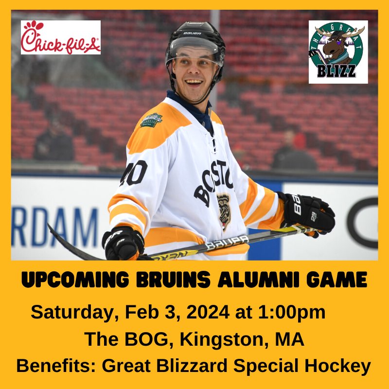 Boston Bruins Alumni (@nhlbruinsalumni) on Twitter photo Please join Tuukka Rask and the Bruins Alumni this Saturday at the <a href="/thebogicearena/">The Bog Ice Arena</a> for a 1:00pm game to benefit Great Blizz Special Hockey.
Tickets: bostonbruinsalumni.com/tickets.html Please join Tuukka Rask and the Bruins Alumni this Saturday at the <a href="/thebogicearena/">The Bog Ice Arena</a> for a 1:00pm game to benefit Great Blizz Special Hockey.
Tickets: bostonbruinsalumni.com/tickets.html