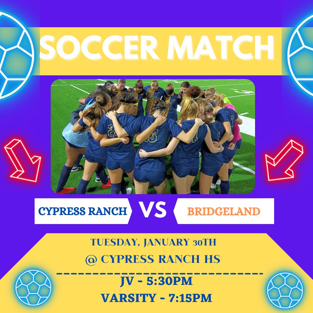 🚨Soccer Match🚨 

Come support the Lady Mustangs ⚽️tomorrow as we take on the Bridgeland Bears.  

📍Cypress Ranch HS
🆚 Bridgeland 
⏰JV 5:30pm  / Varsity 7:15pm
#TXHSSoccer
<a href="/CyRanchHS/">Cypress Ranch HS</a> <a href="/CFISDAthletics/">CFISDAthletics</a>

#WeRiseTOGETHER