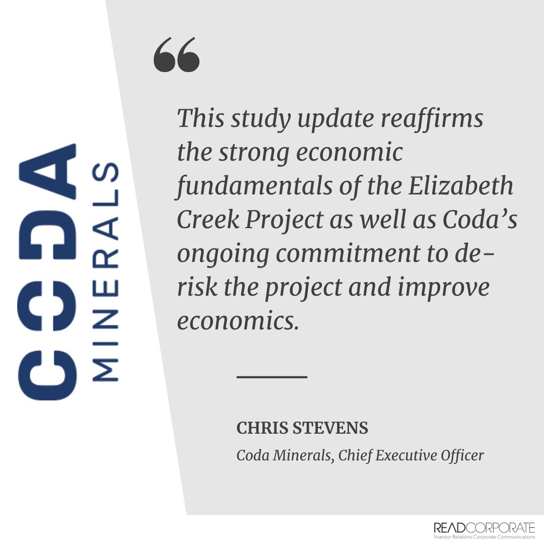 ReadCorporate's tweet image. .@CodaMinerals unveils updated Scoping Study for its Elizabeth Creek copper-cobalt project in South Australia, with introduction of mechanical cutting resulting in a 29% increase in NPV to $735m.

ow.ly/ECLS50QvI9x

$COD #ScopingStudy #copper #cobalt #SouthAustralia #ASX
