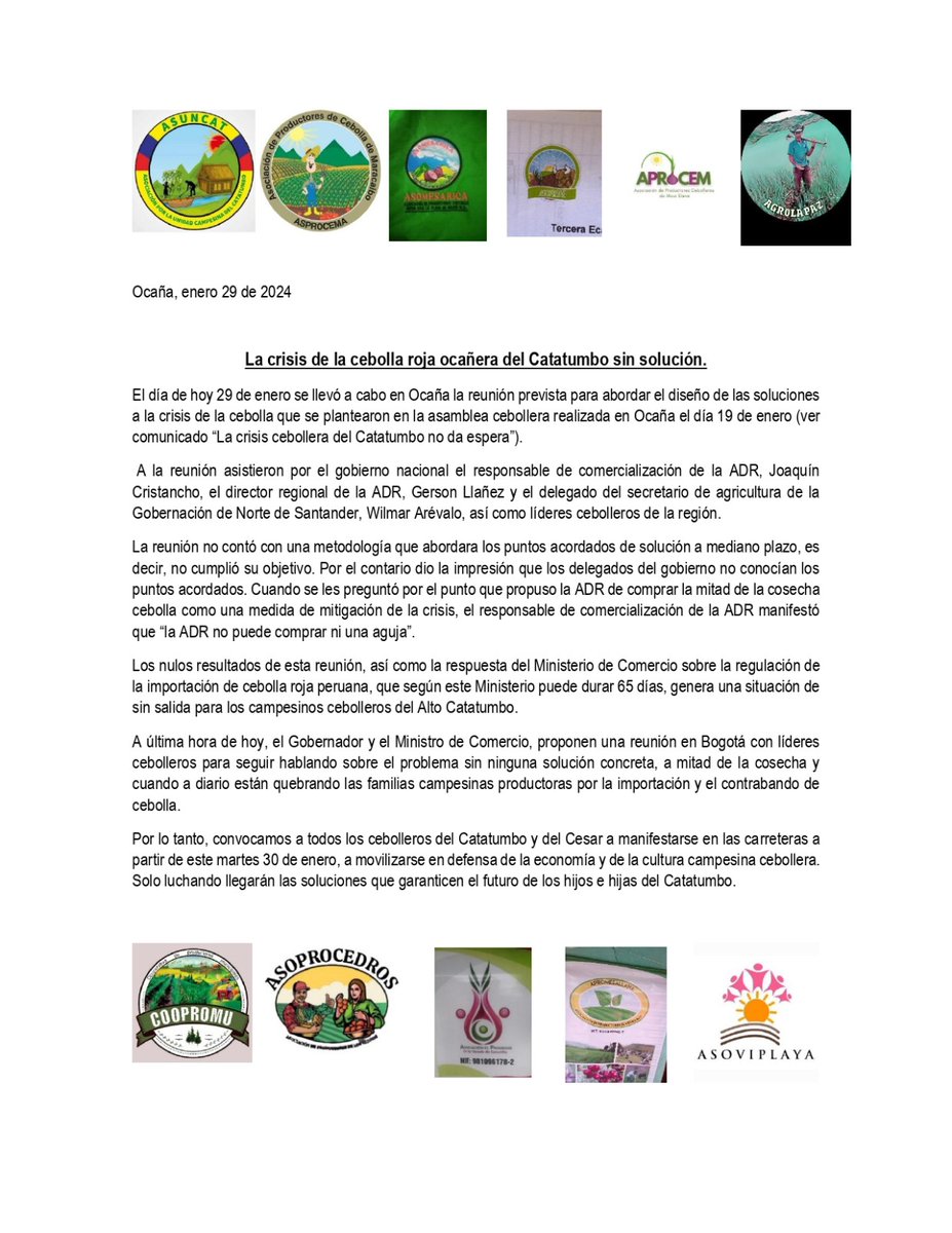 CesarJerezM's tweet photo. Cebolleros de Catatumbo anuncian paro campesino desde este martes. Comunicado de las organizaciones cebolleras. https://t.co/quZppO41Tr