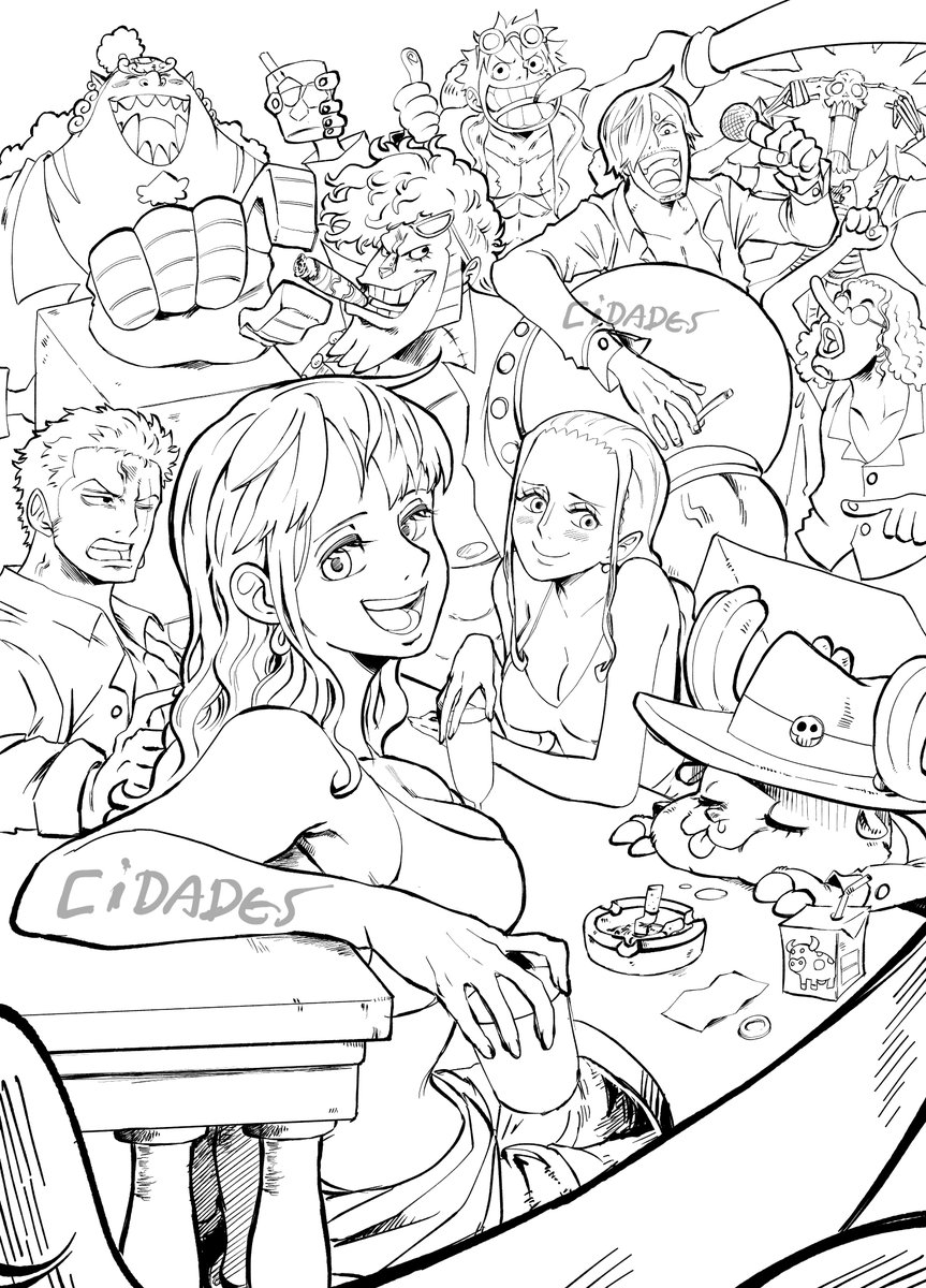 (wip 3) of the straw hats night out ! line art almost complete, im having so much fun doing this x) ! hope your enjoying it guys :) #ONEPIECE #strawhats #luffy #nami #Zoro #sanji #franky #NicoRobin #AnimeArt #sketch #workinprogress #WIP #wipart #namionepiece #manga