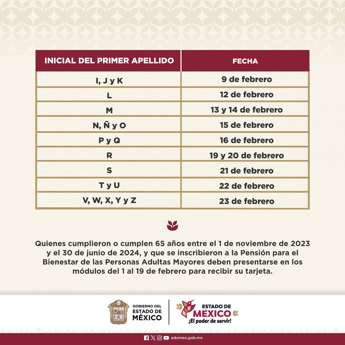 🚨 AVISO: Recuerda que a partir de hoy se estarán realizando los pagos de las Pensiones del Bienestar para los Adultos Mayores, y de las Personas con Discapacidad, de acuerdo al calendario que te comparto. #ElPoderDeServir