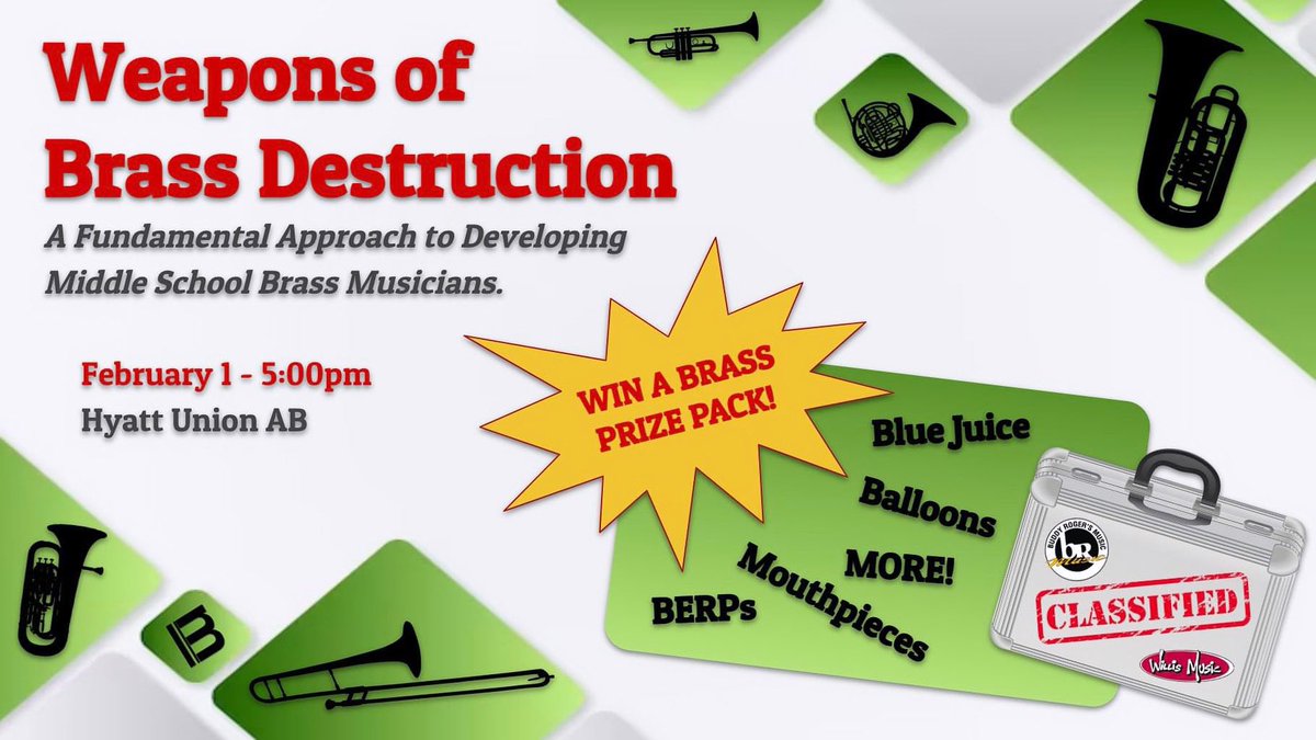 BREAKING NEWS: <a href="/buddyrogersmus/">Buddy Roger's Music</a> is sponsoring a Brass Prize Pack valued at over $200.00 for our “Weapons of Brass Destruction" clinic at <a href="/OMEAOhio/">OMEA - Ohio</a> PDC. We hope to see you Thursday at 5:00pm! <a href="/MasonBands/">Mason Bands</a>