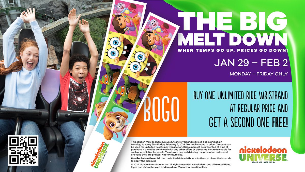 Get ready to beat the heat + score sizzling deals. Today - Feb.2 receive BOGO unlimited ride wristbands to @NickUniverse! Grab a cold treat + use up those holiday rewards for a fun-tastic day! ☀️🕶️