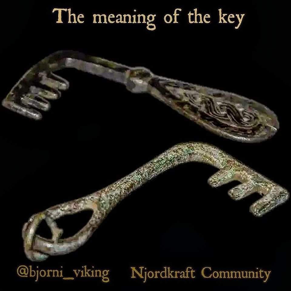 SubRosaMagick's tweet photo. "The meaning of the key:

Married women had a very strong position in the pre-Christian era and had pretty much equal rights as the men, and keys helped express this.

Sadly when Christianity took over in Scandinavia, these rights and equality disappeared.

When a couple was married, the wife was given a set of keys to symbolize her new status – “given to lock and key,” as it was called.

The shiny bronze keys hung in full sight on her clothing, along with a small knife or a pair of scissors.
The literature also tells us that all rich married Viking women carried keys amongst their personal items.
The key symbolised the woman’s status as housewife and chief of the household.

The majority of the keys come from women’s graves.
They represent a range of different types, made of iron, bronze, or a combination.

Most of the finds are bronze or iron keys with two bends, which were used in the latter Viking Era.
But the key can also represent just what it does. Unlocking things considering the findings we have from graves.

But did you know that this is also where the old superstition that you should never put your keys on a table because it meant bad luck comes from?
If a man put his Keys on the table, it could considered that he wanted the woman to be his wife and in charge of his household."

via Njordkraft Community

Picture:
Keys in bronze found in graves from Viking Age on the Island Gotland, Sweden
#Norse #Viking #Sweden #Folklore