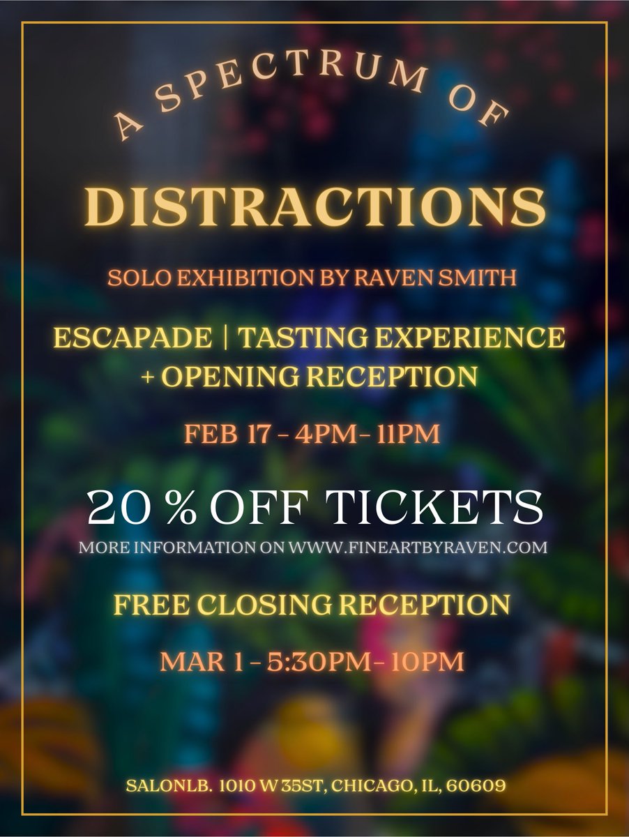 blackginger000's tweet photo. Solo Exhibition coming up! 

Opening night + Tasting experience 
February 17th : 4- 11pm

Free closing reception
March 1st: 5:30 -10pm 

I really hope to see you there and I hope you share this post with anyone who’s in Chicago who loves art and cuisine!! https://t.co/WJ2K20yTO3