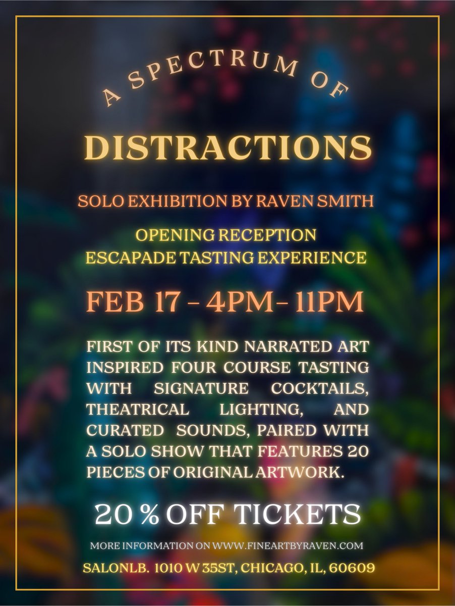 Solo Exhibition coming up! 

Opening night + Tasting experience 
February 17th : 4- 11pm

Free closing reception
March 1st: 5:30 -10pm 

I really hope to see you there and I hope you share this post with anyone who’s in Chicago who loves art and cuisine!!