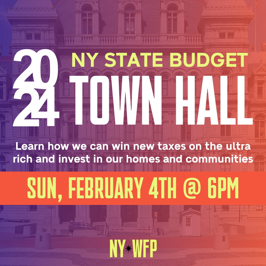 More and more families are struggling to keep up with the high cost of living in New York.

Join our virtual Town Hall on Sunday (2/4) to learn how the NYS budget process works and how we can win a more affordable and thriving New York.

RSVP: mobilize.us/ny-wfp/event/6…