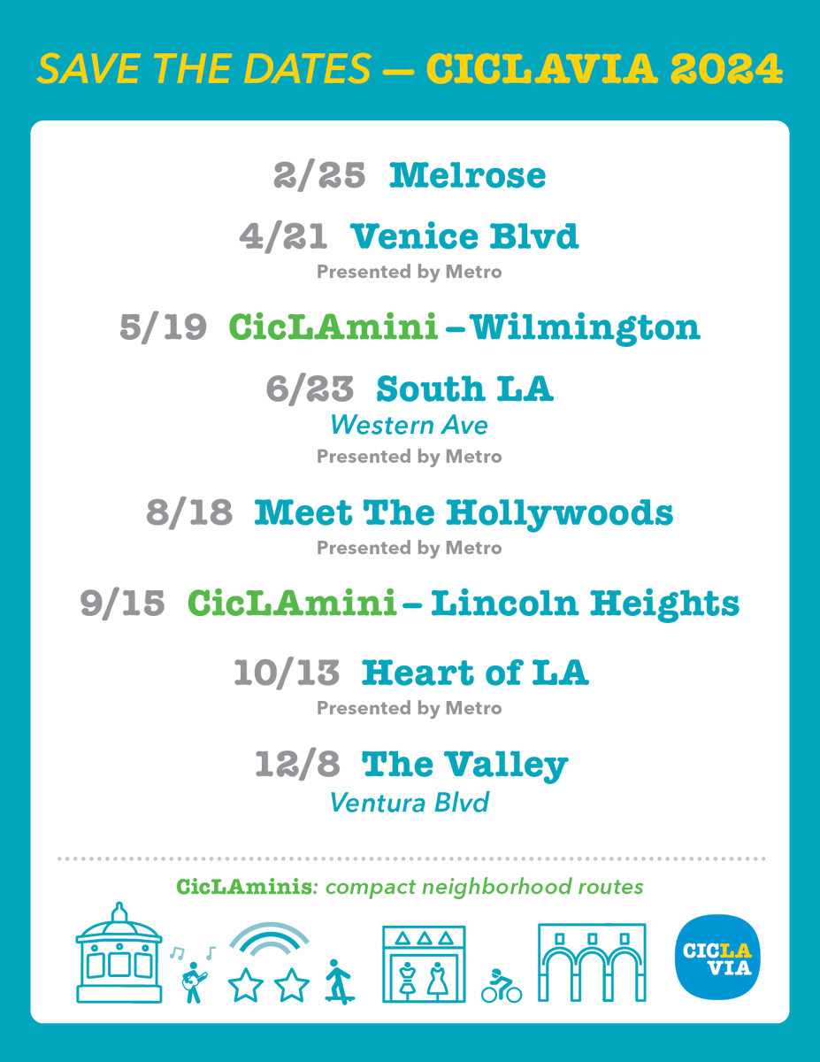 🗓️ Mark your calendars and get ready for the excitement! The 2024 CicLAvia Sunday schedule is here! 🎉 First up: CicLAvia—Melrose on 2/25, our 50TH EVENT! 🙌 

To download the full schedule, please visit: bit.ly/3SCGs6j. We can't wait to share MORE smiles with you!