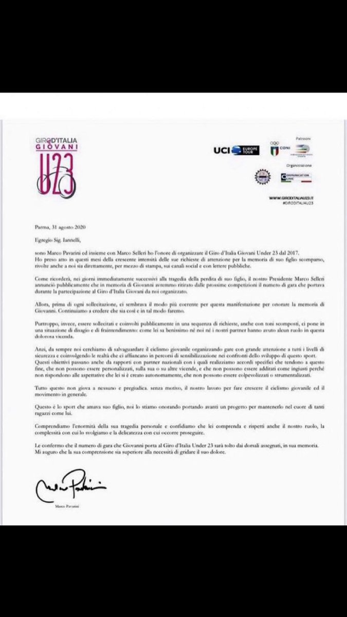 BabbodiGiovann1's tweet photo. #dinotte #nondormo Mio Figlio Giovanni è stato un tesserato della @Federciclismo sin dall’età di 5 anni, ha vestito la maglia azzurra, ha corso il @giroditaliau23 nel 2018, e’ morto nel 2019, all’età di 22 anni, a 144 metri dalla linea di arrivo, al termine di una corsa ciclistica organizzata da una società affiliata alla federciclismo, ha donato i suoi organi. Ciononostante, nel 2020, gli organizzatori del Giro d’Italia under 23 e persino AIDO hanno respinto la mia richiesta di dedicargli la maglia bianca sponsorizzata da AIDO per ricordarlo, ma anche per richiamare l’attenzione sul tema della sicurezza alle corse ciclistiche. Per la federciclismo, per una certa parte del mondo del ciclismo, mio Figlio Giovanni è diventato un innominabile. Per la #procuradellarepubblica di #Alessandria è diventato invece un personaggio estremamente scomodo, imbarazzante, pericoloso tanto che per la sua morte, nonostante le molteplici ed inequivocabili evidenze, non vuole neppure celebrare un giusto Processo per accertare la Verità ed assicurare davvero la Giustizia. Tutto questo è vergognoso, orrendo, disumano ed agghiacciante e non è degno di un Paese che si voglia definire civile. #presidentedellarepubblica #sergiomattarella #presidentedelconsiglio @GiorgiaMeloni @minGiustizia #carlonordio #ministrodellosport @andreaabodi #presidentedelconi @Coninews @giomalago #consigliosuperioredellamagistratura @ANMagistrati @CNF_it #veritaegiustiziapergiovanniiannelli @giustizia_per_giovanni