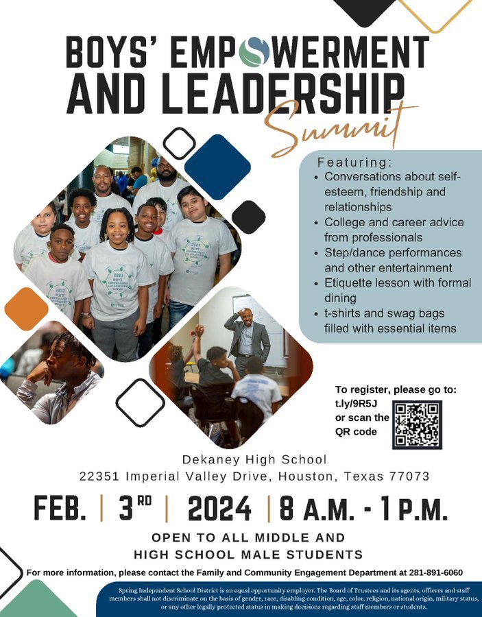 Please join us at the Boys’ Empowerment &amp; Leadership Summit!! Great event hosted by <a href="/SpringISD/">Spring ISD</a> for our young men and boys!! 

📍 Dekaney HS
🗓️ February 3rd
⏰ 8am - 1pm
🔗 forms.gle/wPb6QEeF9Ngtbz…