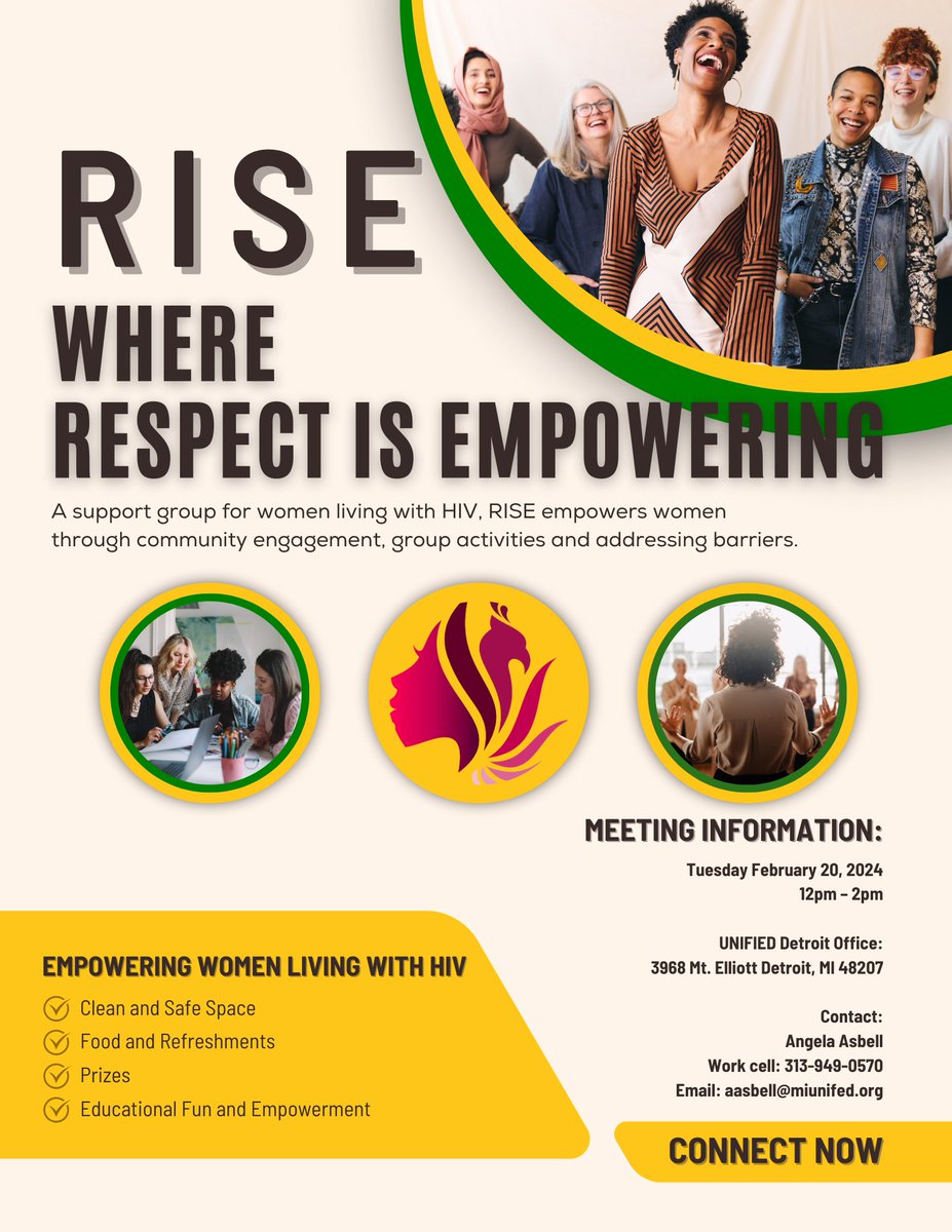 RISE - Where Respect Is Empowering. This support group for women living with HIV empowers participants through community engagement, group activities and addressing barriers. 2024 meetings start February 20.

#women #HIV #support #community #healthandwellness