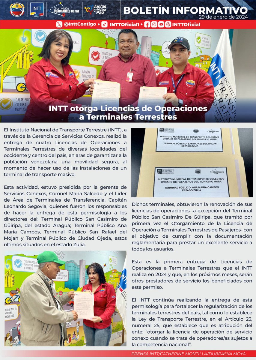 #29Ene | #BoletínInformativo|| 
INTT otorga Licencias de Operaciones a Terminales Terrestre.
#LaPazLeGanaATodo

@NicolasMaduro 
@CeballosIchaso1 
@MijpVzla 
@InttContigo 
@CMBlanquis