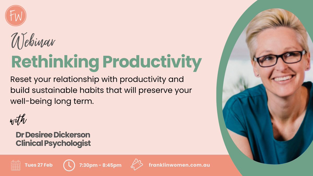 Hooray! Dr Desiree Dickerson is leading our first webinar for 2024 ⭐️ Learn how to reset your relationship with #productivity & build sustainable habits to support your #wellbeing. Join us 👉franklinwomen.com.au/rethinking-pro… #FWReThink #WomenInSTEMM