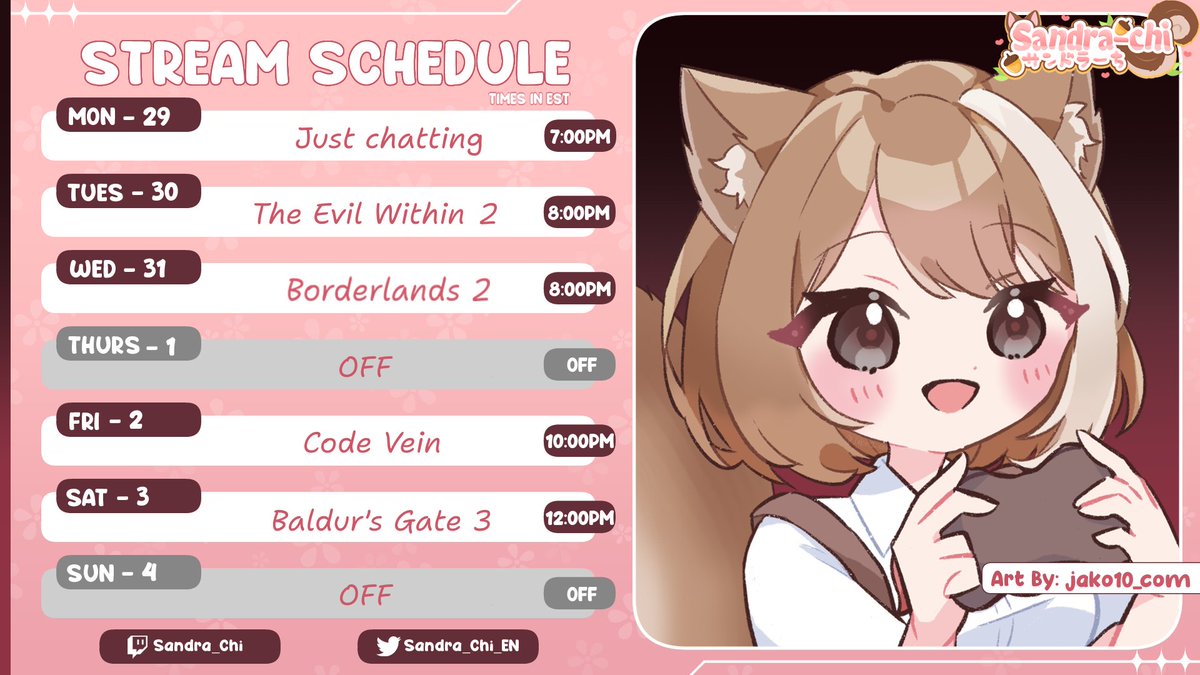 Sandra_Chi_EN's tweet image. 🐿️This Week's Schedule!
☃Sandra's Socials
❄Merch - etsy.com/shop/Squirrell…
❄Streams - twitch.tv/sandra_chi
❄VODs - youtube.com/channel/UCC_Oc…
❄Shorts - tiktok.com/@en.sandra.chi…