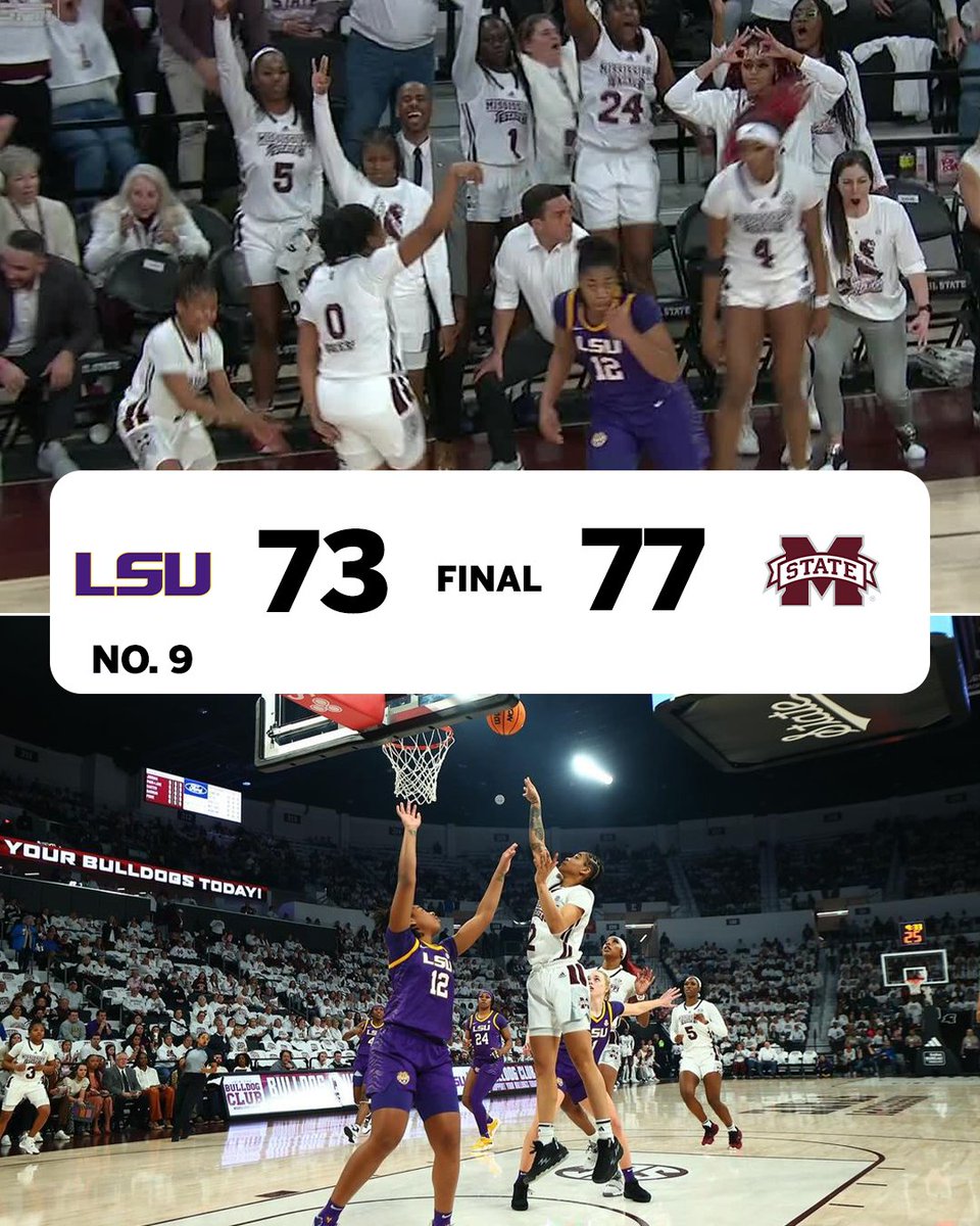 SportsCenter's tweet photo. MISSISSIPPI STATE GETS ITS FIRST TOP-10 WIN SINCE 2018‼️

LSU suffers back-to-back losses for the first time in two years😳

(📸 @HailStateWBK) https://t.co/H7vu5bz008