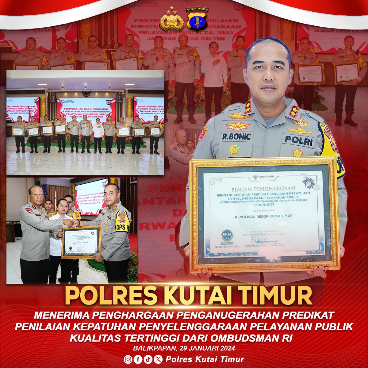 HumasResKutim's tweet photo. Senin, 29 Januari 2024 Polres Kutai Timur meraih prestasi penghargaan predikat kepatuhan penyelenggaraan pelayanan publik dengan kualitas tertinggi
Selengkapnya https://t.co/3bTlW45XuB
@listyosigitprabowo
#divisihumaspolri
#Poldakaltim
#PolresKutim
#ProgramPrioritasKapolri https://t.co/kumL4yiyNC