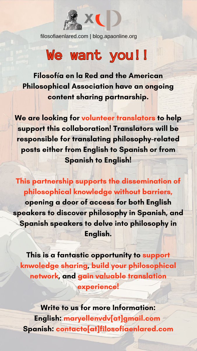 filosofiaenred's tweet photo. Filosofía en la Red (@fire_philosophy) y la @apa_blog (with @maryellenvdv) TE ESTAMOS BUSCANDO / WE WANT YOU.

We are seeking volunteers to translate philosophy-related posts, either from English to Spanish or from Spanish to English.

More info by email 😉 https://t.co/61Lutj3iX2