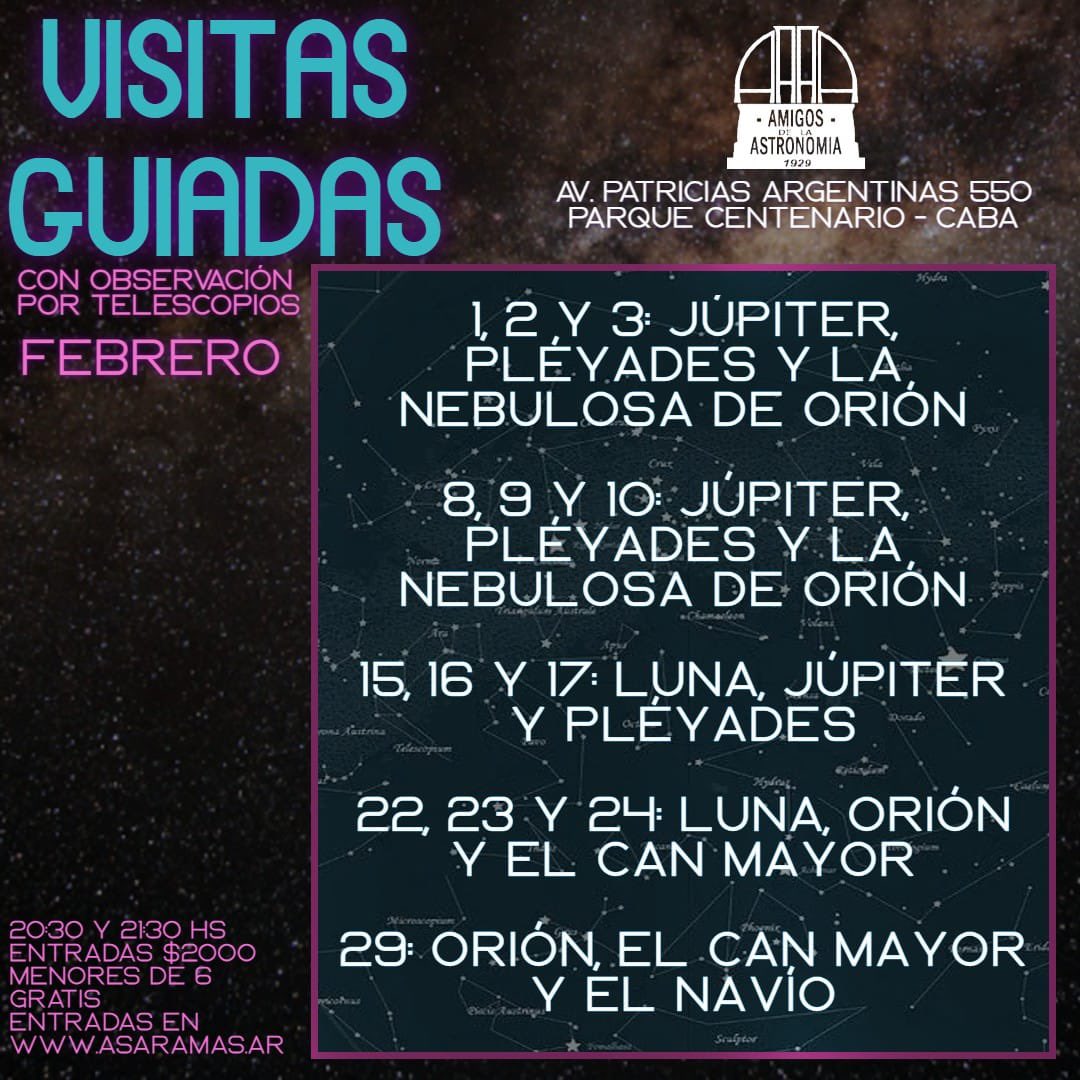 amigosastro's tweet image. ¡Hola! Cronograma de visitas de febrero. Las entradas se sacan en asaramas.ar y se publican todos los lunes para cada semana. 

Siempre un planazo (y por dos mil pé).