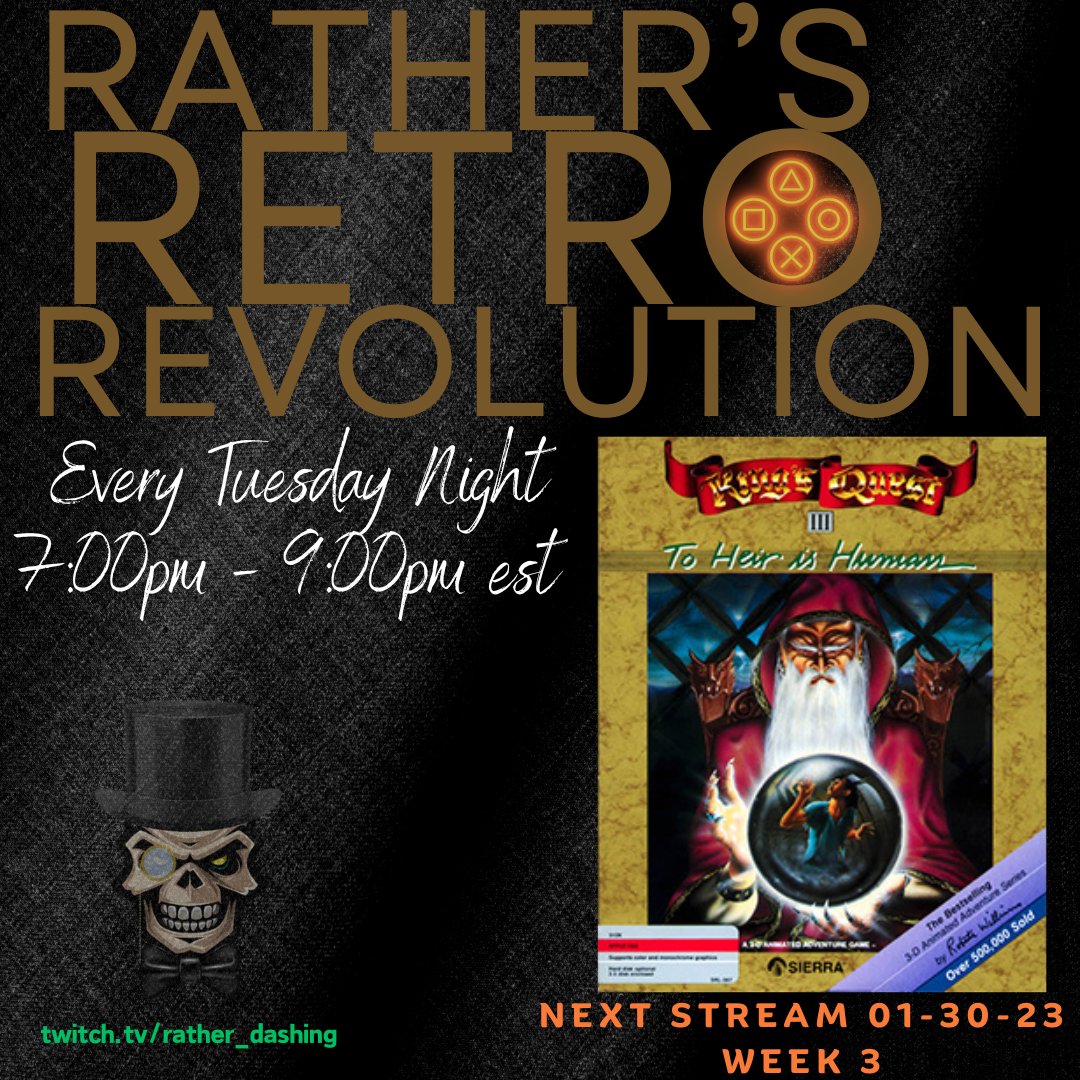 RatherDashing8's tweet photo. Week 3....Come join the Revolution!!
KING'S QUEST 3: To HEIR IS HUMAN.
@Sierra_Online @SierraOnLineUni
#Retro #RETROGAMING #rathertainment https://t.co/3JzaoL4V3S