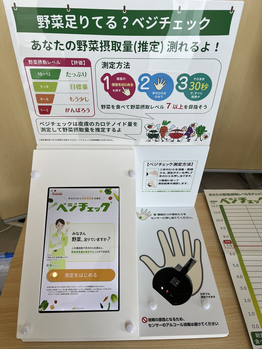 icoro0913's tweet photo. 【ベジチェックとは？】

たった30秒で野菜摂取量が測れます！
基準値の7.0レベルの野菜が摂れているか、気になりませんか？ https://t.co/WemlDGV8DN