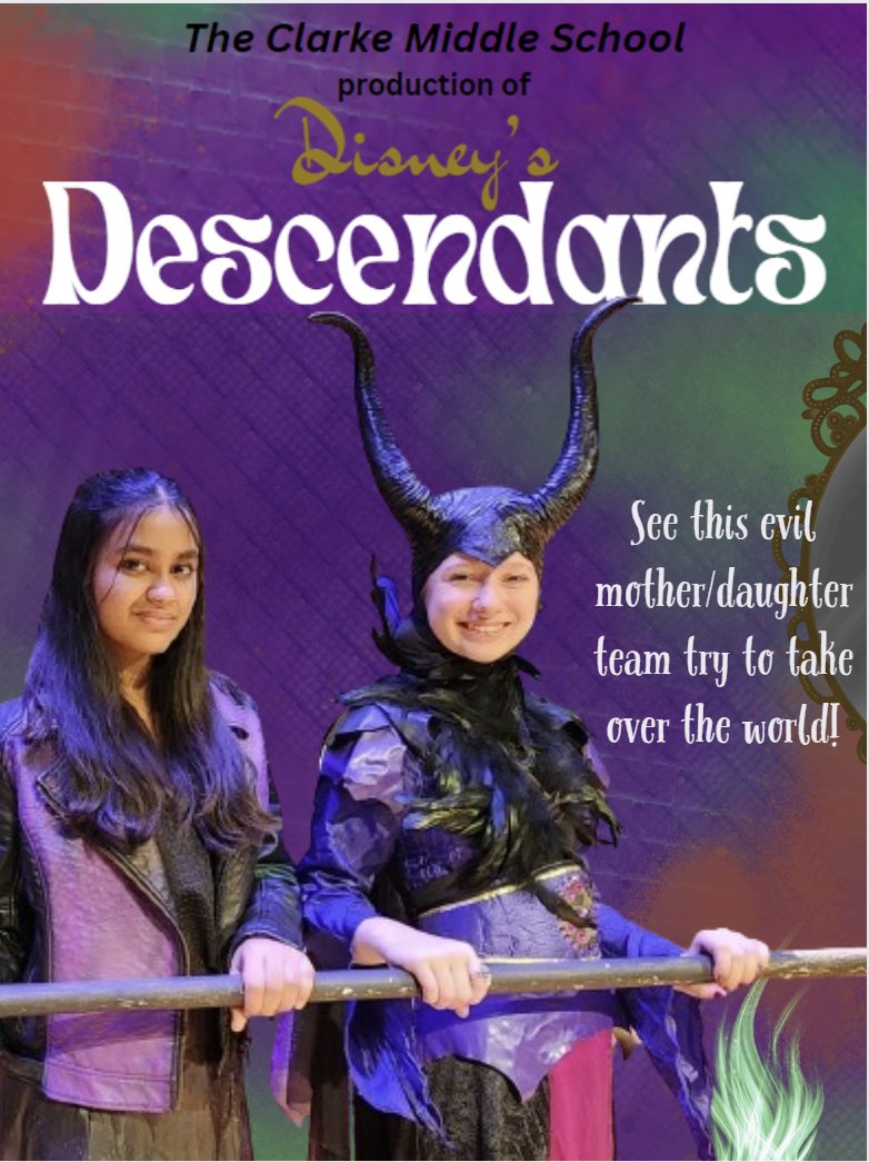 DramaGirl100's tweet image. Maleficent and Mal are truly evil and they are coming to Clarke Middle School this week in our production of Disney's Descendants. Will they take over Auradon? Get your tickets now to find out! showtix4u.com
@lexingtonsuper  @ClarkePrincipal @LexPerformArts