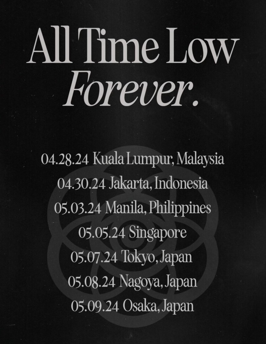 xallehrazax's tweet image. ALL TIME LOW : FOREVER ASIA TOUR 2024

📍 28 April 2024, Kuala Lumpur 🇲🇾
📍 30 April 2024, Jakarta 🇮🇩
📍 3 May 2024, Manila 🇵🇭
📍 5 May 2024, Singapore 🇸🇬
📍 7 May 2024, Tokyo 🇯🇵
📍 8 May 2024, Nagoya 🇯🇵
📍 9 May 2024, Osaka 🇯🇵