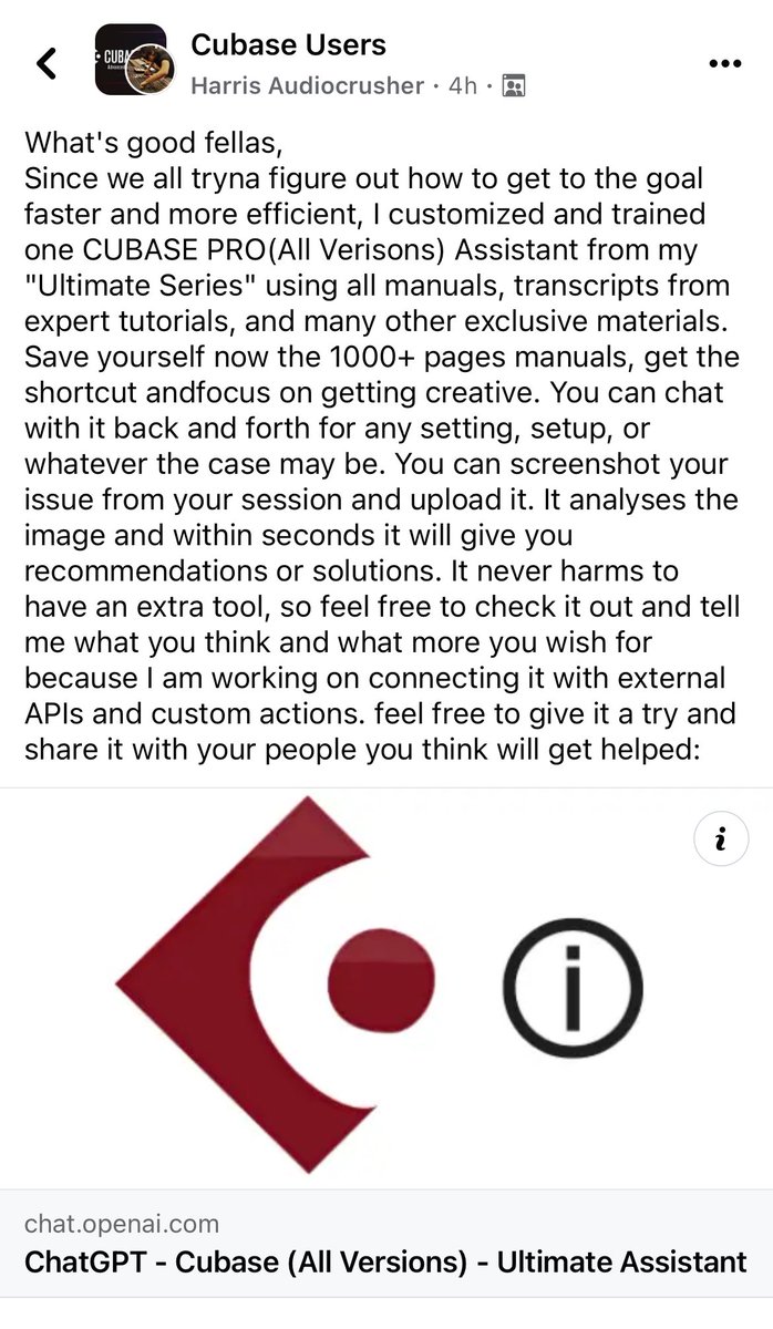Neat use of AI. AI learns everything there is to know about Cubase, then use ChatGPT to ask it anything. Faster than a Google search, or looking in the manual…