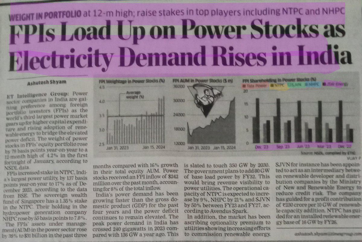 ShridhantS's tweet photo. Today important news in ET🗞️
°Electricity deemed Risk in india
🔸India largest Power utility by 137 basic points Y-O-Y 17% as of December 2023, according to the data BSE.
This sector i am invested in Proxy players.
#Kei,#Zodiac, #PML, #Ultracab, #ntps, #Sjvn
Good morning 🌄 https://t.co/r3nDgOYDLa
