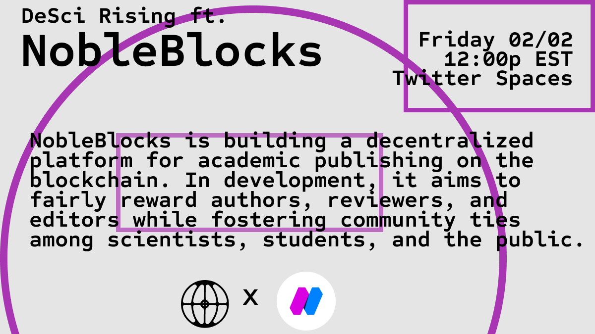 DeSciWorld's tweet photo. 📢Hello #DeSci community📢

📚In the realm of academic publishing, the demand for a fair and accessible platform is growing stronger every day. Faced with diverse challenges and varying access, innovative solutions are crucial.🔖📑 

Join us to delve into the imperative for improved academic publishing and discover how @nobleblocks, harnessing blockchain technology, is pioneering a decentralized and equitable platform for all contributors.