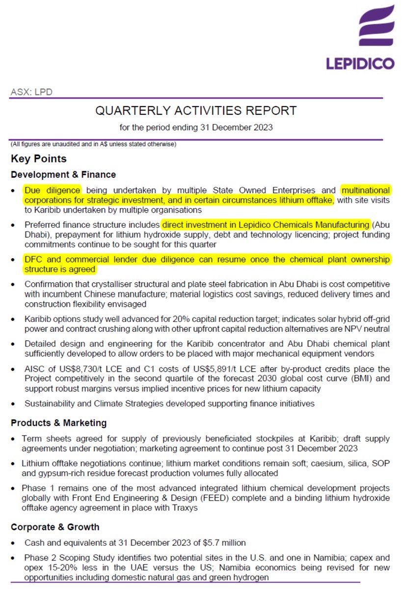 Which "multinational corporations" are Lepidico referring to in its 2023Q4 report for investment in $LPD.AX's #Lithium chemical plant?
A corporation will surely be easier for <a href="/DFCgov/">DFCgov</a> to undertake its due diligence on, than a UAE government dept.