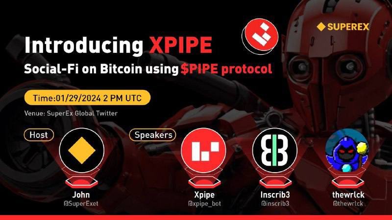 SuperexESP's tweet photo. 📢#XSpace: Presentamos #XPIPE: Social-Fi en Bitcoin usando el protocolo $PIPE.
Establecer recordatorio ➡️ https://t.co/9HtILwoslg
¡Nos vemos a las 2 p.m. UTC!👀 https://t.co/NFuj2Z919G
