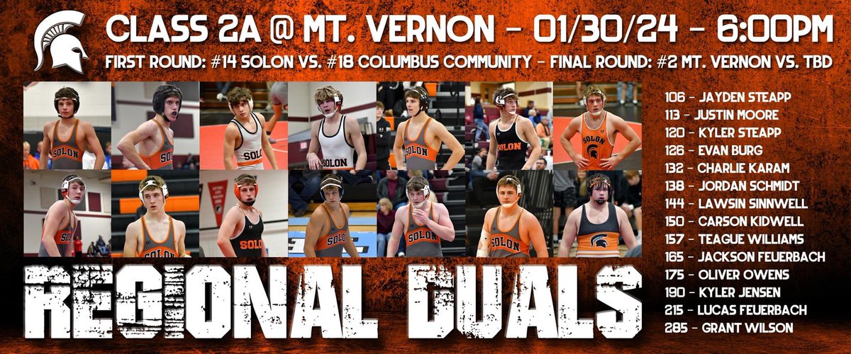 Head over to Mt. Vernon tomorrow to cheer on the Solon wrestlers as they compete for a chance to wrestle in the State Duals! Wrestling starts at 6:00 pm. Get your tickets here: iahsaa.org/tickets/