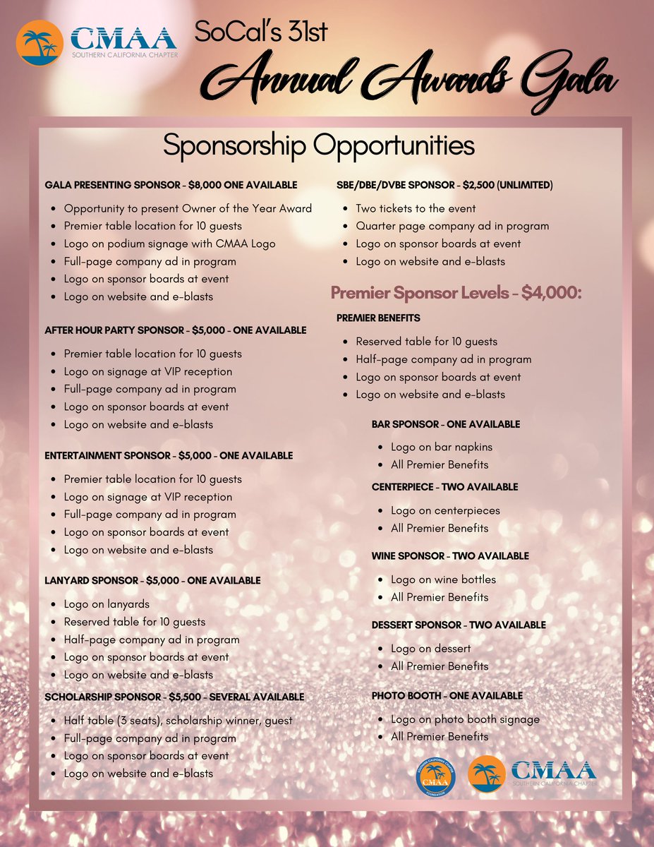Act quickly to secure your table and event sponsorship for CMAA Southern California's 31st Annual Awards Gala!
cmaasc.org/event-5590993
