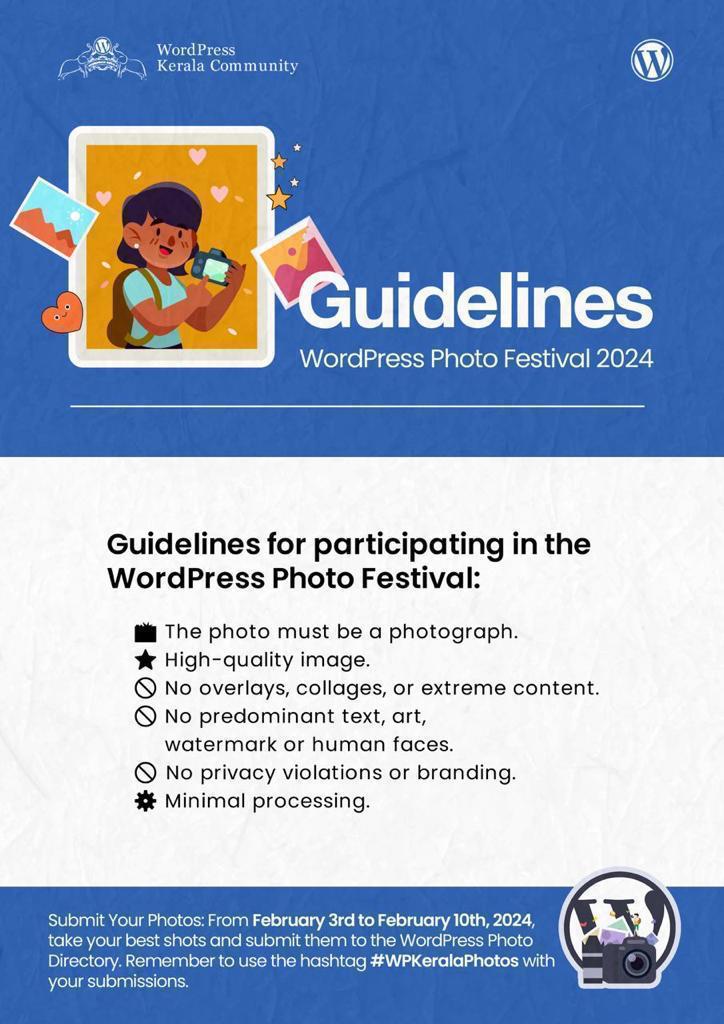 Do you want to,
1⃣Learn &amp; Contribute to WordPress?
2⃣Photo contributor badge in your profile?
3⃣Win a 100$ prize by contributing? 

<a href="/WPKerala/">WordPress Kerala</a> is organizing the WordPress Photo Festival
from February 3rd to 10th. Be a part of it.

➡️events.wordpress.org/kerala/2024/ph… 

#WPKeralaPhotos