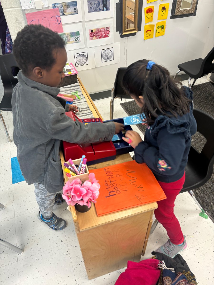 During my volunteer hours, students created a hair salon in the classroom with a working cash register. This demonstrates role playing and math behaviours that connect to the real-world. @EY_uwindsor