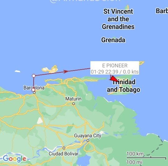E Pioneer un tanquero (combustibles) de la dictadura izquierdista venezolana arriba a Trinidad desde el terminal de la refinería Puerto la Cruz, Venezuela.

#oilandgas #oott #29Ene