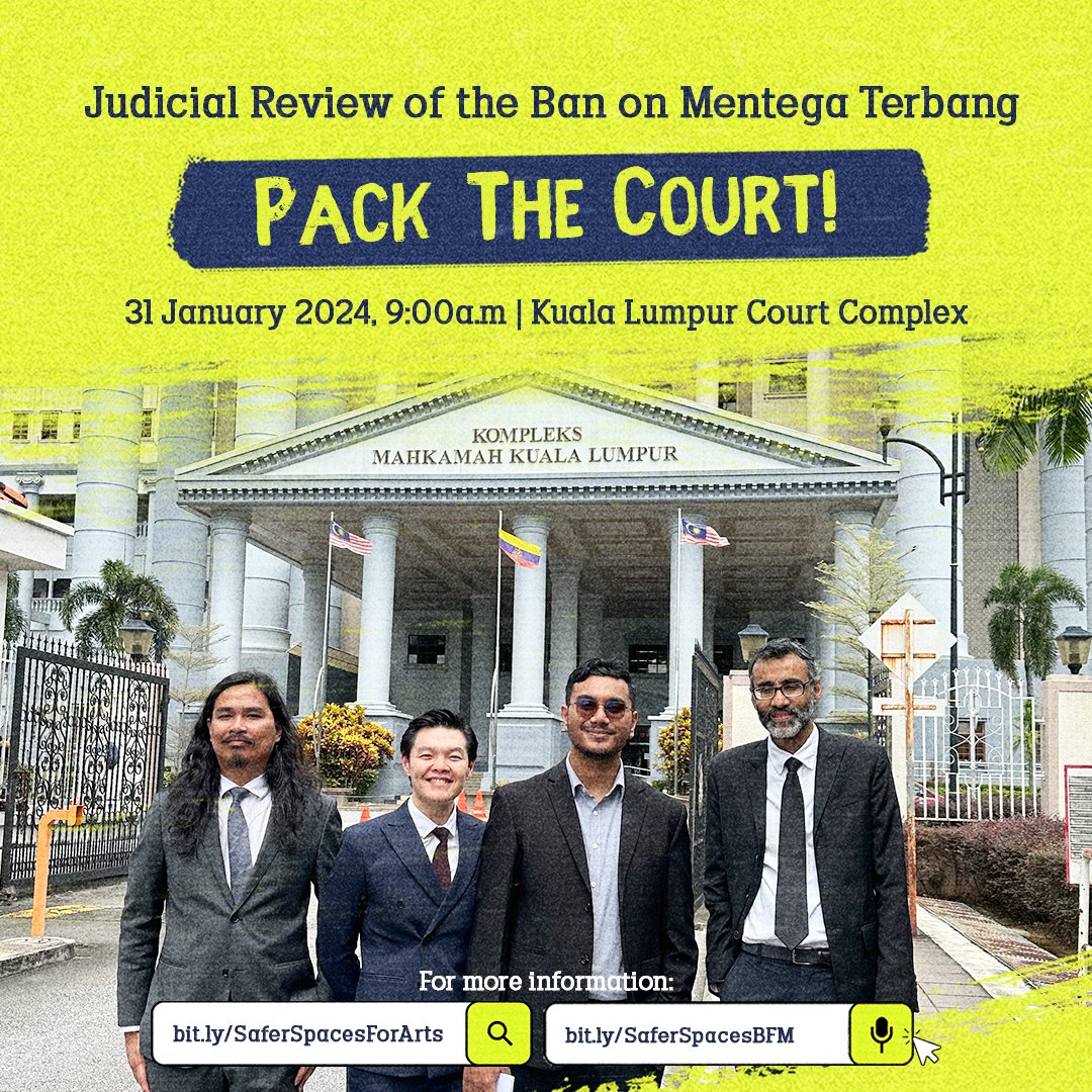 Mentega Terbang was banned in 2023. This Wednesday the filmmakers will file a judicial review of the constitutionality of the ban. Let’s pack the court! More info on the case at bit.ly/SaferSpacesFor… and bit.ly/SaferSpacesBFM