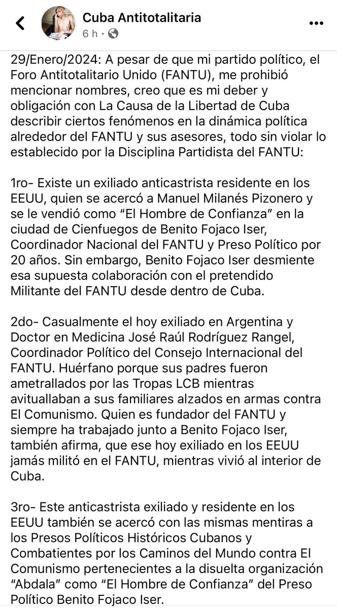 Mikigomez101's tweet photo. 🚨🚨🚨 Continua la CHIVATERIA 🚨🚨🚨 Esta vez por parte de Guillermo “Coco” Fariñas Hernandez , donde Informa a las Autoridades Estadounidenses sobre el comportamiento de un Exiliado Anticastrista cuyo nombre no menciona y no muestra pruebas en su publicación. #Chivaton https://t.co/ed6RwLlI0v