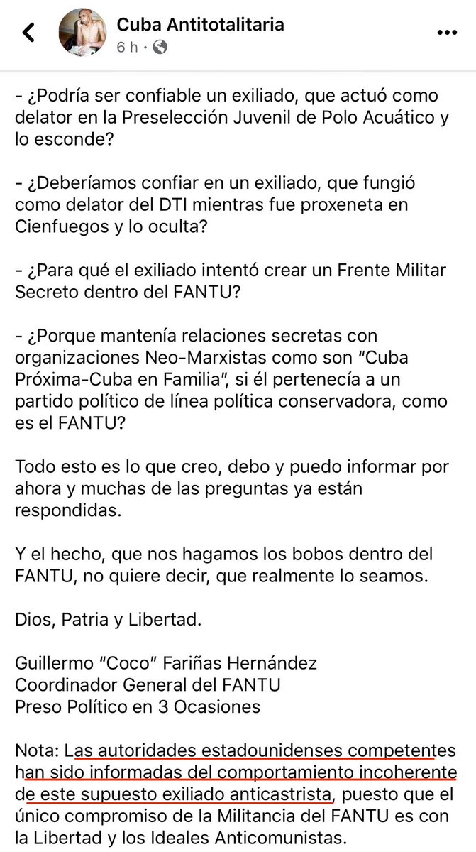 Mikigomez101's tweet photo. 🚨🚨🚨 Continua la CHIVATERIA 🚨🚨🚨 Esta vez por parte de Guillermo “Coco” Fariñas Hernandez , donde Informa a las Autoridades Estadounidenses sobre el comportamiento de un Exiliado Anticastrista cuyo nombre no menciona y no muestra pruebas en su publicación. #Chivaton https://t.co/ed6RwLlI0v