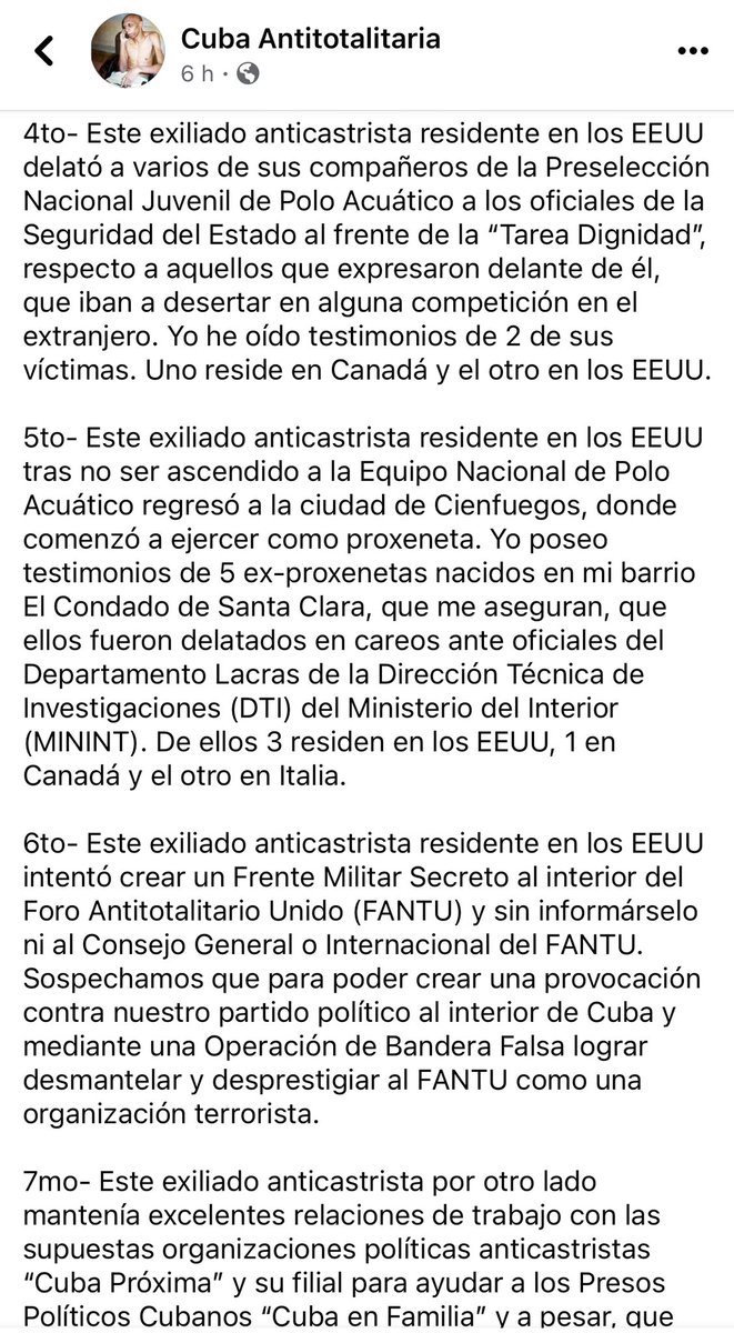 Mikigomez101's tweet photo. 🚨🚨🚨 Continua la CHIVATERIA 🚨🚨🚨 Esta vez por parte de Guillermo “Coco” Fariñas Hernandez , donde Informa a las Autoridades Estadounidenses sobre el comportamiento de un Exiliado Anticastrista cuyo nombre no menciona y no muestra pruebas en su publicación. #Chivaton https://t.co/ed6RwLlI0v