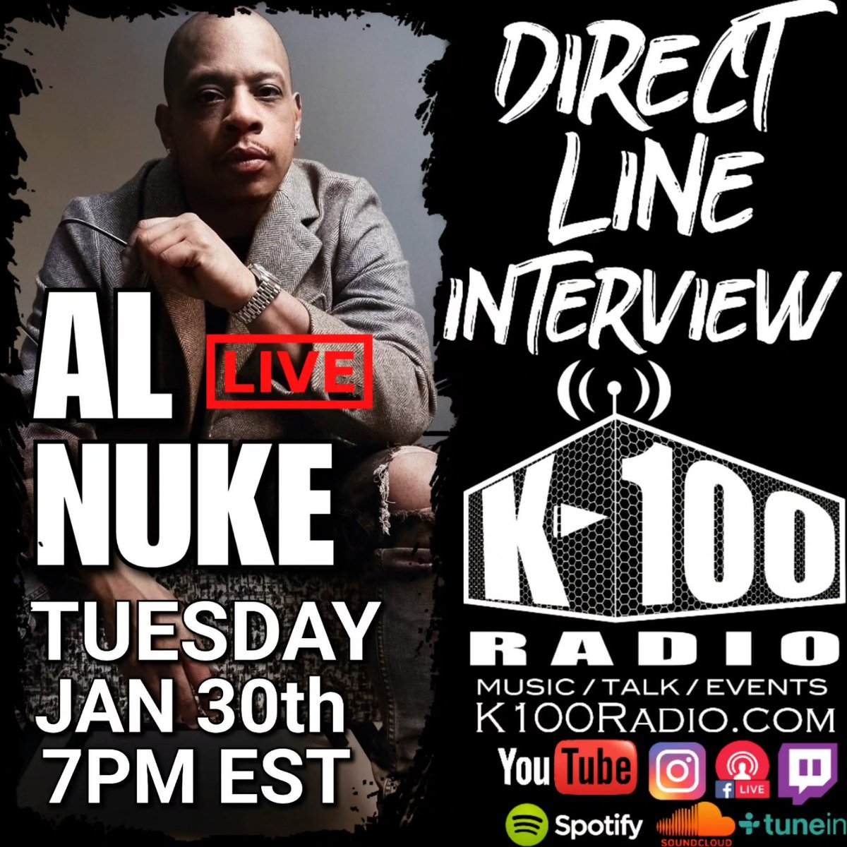 Tuesday Jan 30th at 7pmEST catch the Direct Line Interview with film Director <a href="/alnuke/">Al-Nuke</a> live on <a href="/K100_Radio/">K-100 RADIO</a> 
📻🎧Listen in live on K100Radio.com  or download the K-100 Radio mobile app. 
📲Watch via our YouTube Channel or Facebook page.
#K100Radio