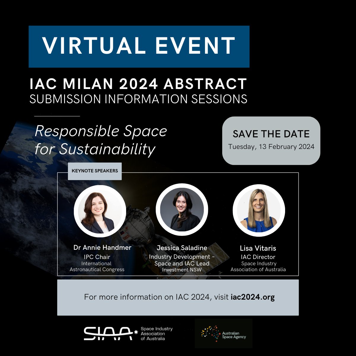 Australian Space Agency (@ausspaceagency) on Twitter photo Are you interested in submitting an abstract for the IAC Milan 2024 conference?
In partnership with the IAC and <a href="/spaceindustryoz/">Space Industry Association of Australia</a>, we're pleased to offer an online info session on Tuesday, 13 February at 6:00pm (AEDT). 👩💻
Register: bit.ly/3GiojUw Are you interested in submitting an abstract for the IAC Milan 2024 conference?
In partnership with the IAC and <a href="/spaceindustryoz/">Space Industry Association of Australia</a>, we're pleased to offer an online info session on Tuesday, 13 February at 6:00pm (AEDT). 👩💻
Register: bit.ly/3GiojUw
