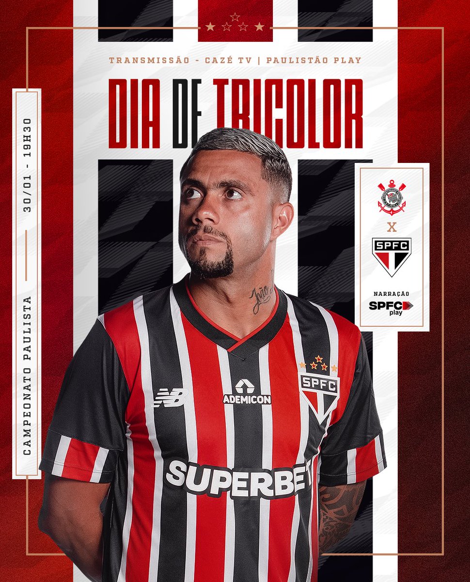 SaoPauloFC's tweet photo. HOJE TEM SÃO PAULO!!! ❤️🤍🖤
É dia de Majestoso, é #DiaDeTricolor! 🔥

⚽️ Corinthians x São Paulo
🏟 Neo Química Arena
⏰ 19h30
🏆 Paulistão (4ª rodada)

📺 CazéTV e Paulistão Play
🎙️ SPFC Play

#VamosSãoPaulo 🇾🇪 https://t.co/5Y99owXyDc