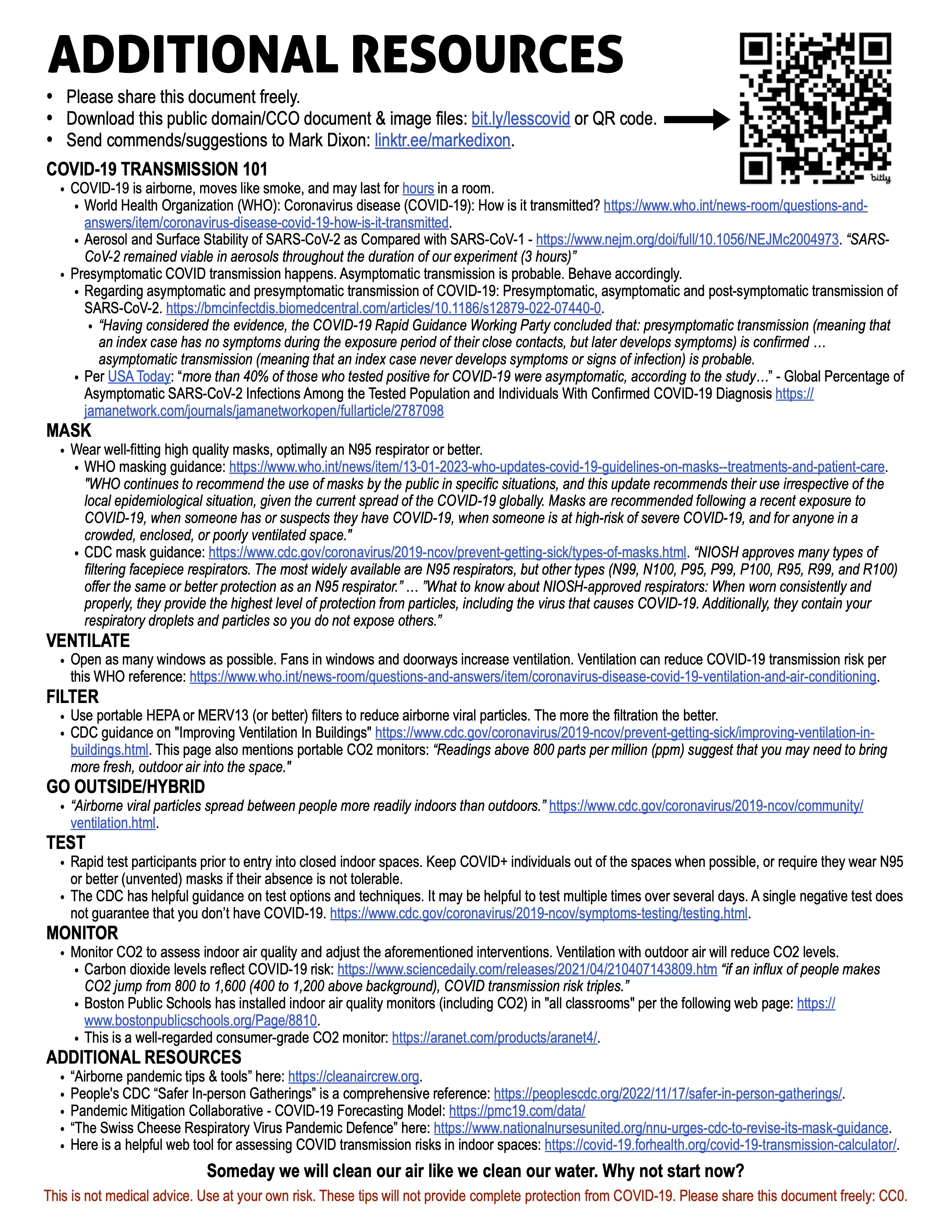 Back page of flier titled "Reducing COVID-19 Transmission," this time with header of "Additional Resources" with 8 bulleted sections: COVID-19 Transmission 101, Mask, Ventilate, Filter, Go Outside/Hybrid, Test, Monitor, and Additional Resources. There is also a link for more resources at https://bit.ly/lesscovid, where you can also find a PDF with readable text in the document.