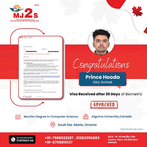 Celebrating Prince Hooda achievement at Mj2s Institute: Visa received after 20 Days of Biometric.💯
.
.
.
.
.
.
 #Mj2sSuccess #visa #visaservices #canada #BestIELTSCoaching #StudyAbroad #CanadaVisa #HigherEducation #Mj2sInstitute #StudyInCanada
