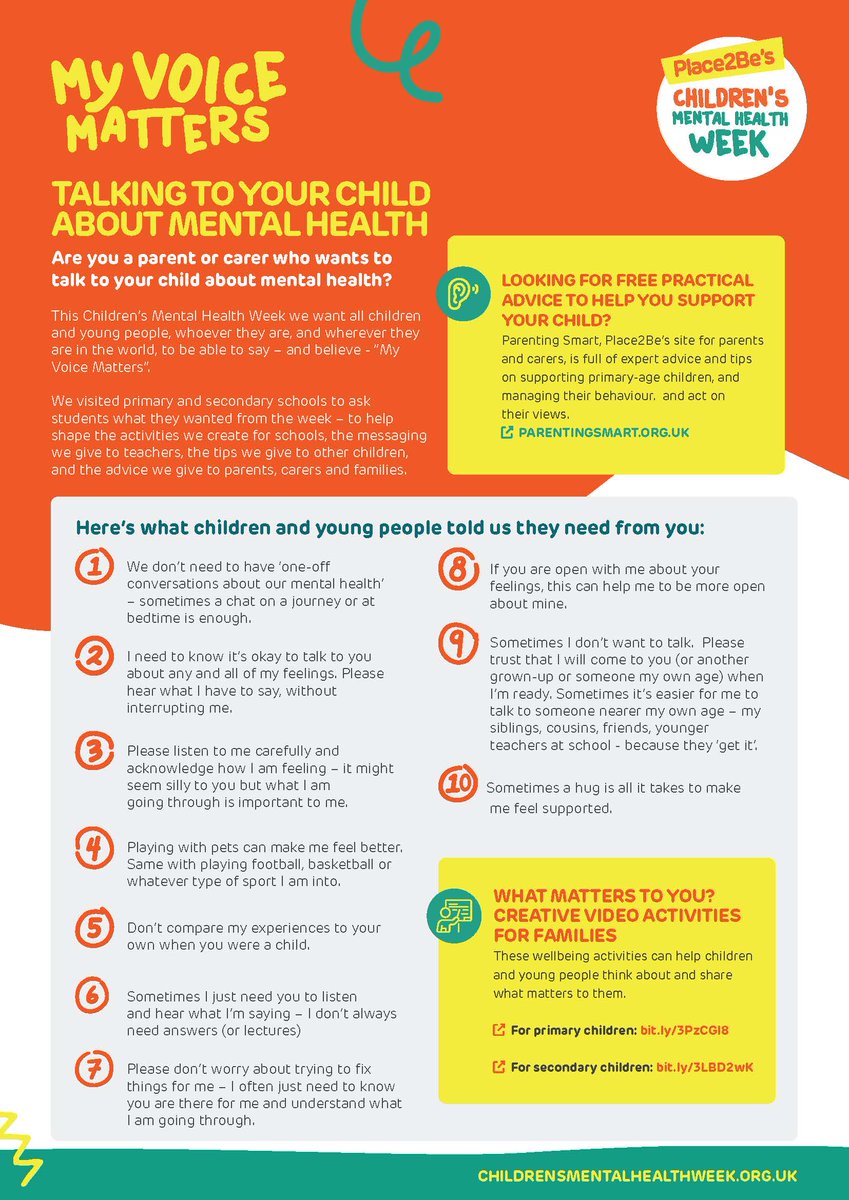 KingswayCT's tweet photo. Monday 5th February indicates the beginning of Children's Mental Health Week with the theme this year being around 'My Voice Matters'.  Attached is a flyer of top tips when it comes to discussing mental health with your child. https://t.co/U9acZdOegK