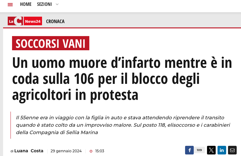 Anni a insultare i giovani che fanno blocchi stradali stando ben attenti a lasciare il dovuto spazio per i mezzi di soccorso.

Poi succede questo, e tutti zitti.

Il problema non è la protesta dei giovani, è quello per cui protestano.